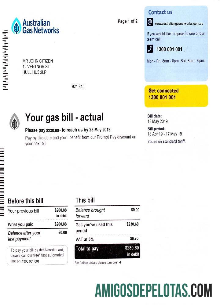 Conta de serviços públicos de gás da Austrália modelo